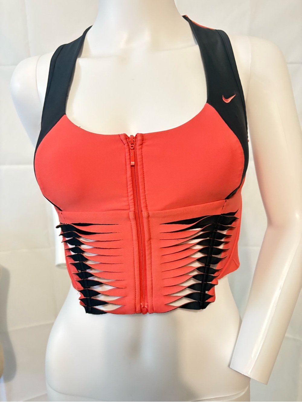 Nike Zip Front Sports Bra Laser Cut Coral Black Crop Top Size S